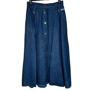 Vintage Cherokee Button Front Midi Denim Skirt Size 10 prairie Casual Made in US